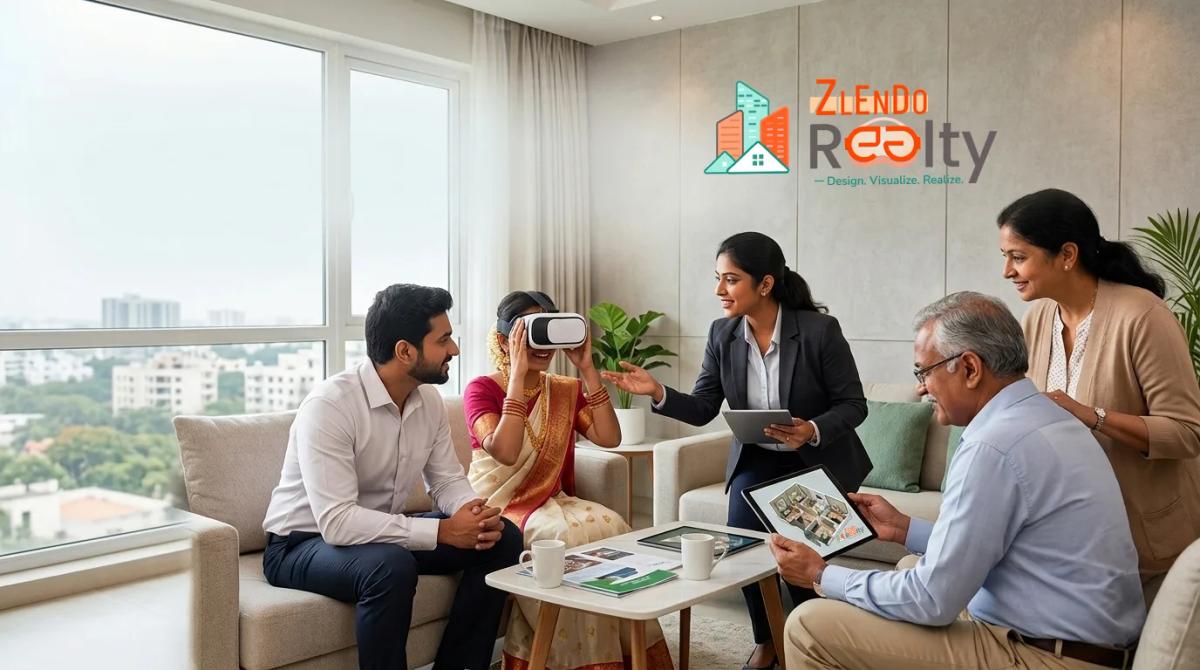Real estate consultant demonstrating a VR/virtual walkthrough