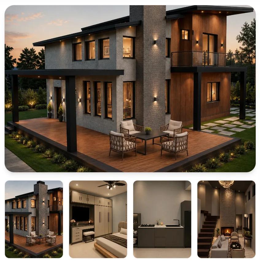 Collage of a modern two-story home exterior at dusk with warm lighting, paired with three interior room thumbnails below.