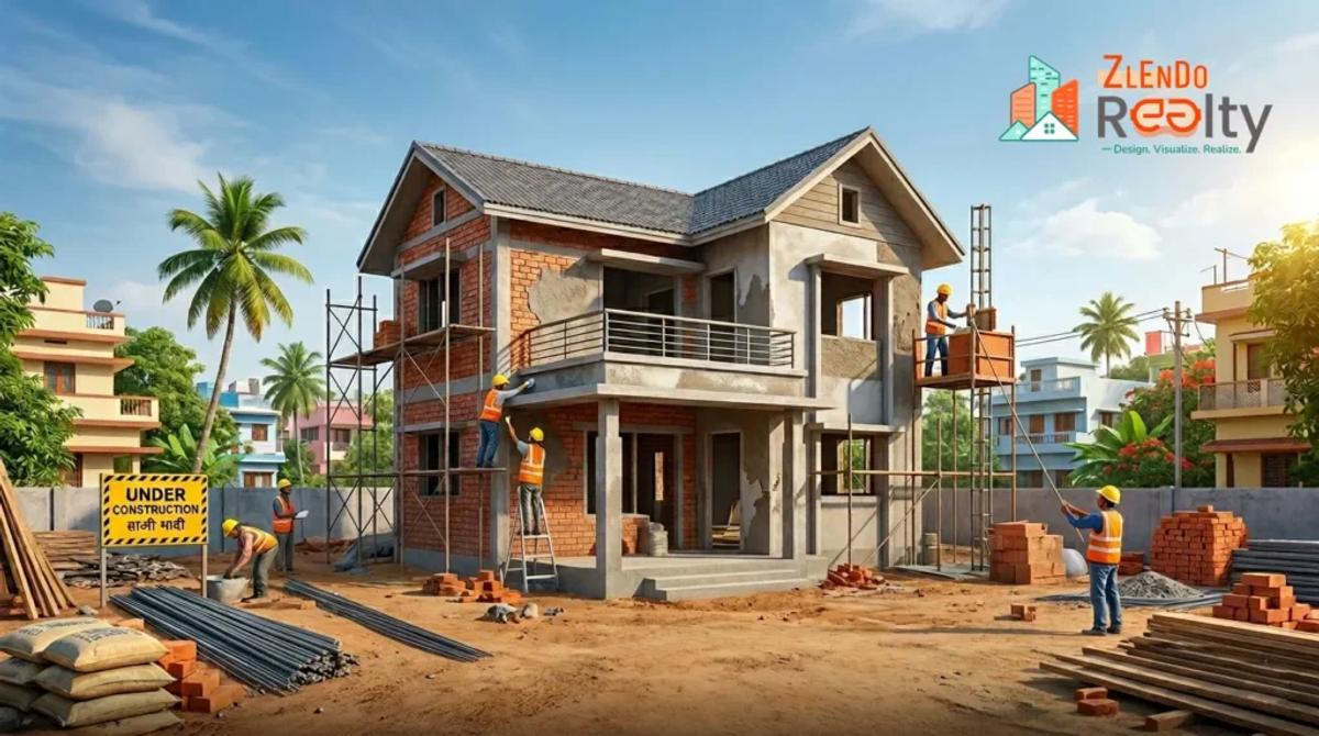 Two-storey house under construction with workers, scaffolding, bricks, and building materials on-site, showcasing residential home construction progress and cost planning.
