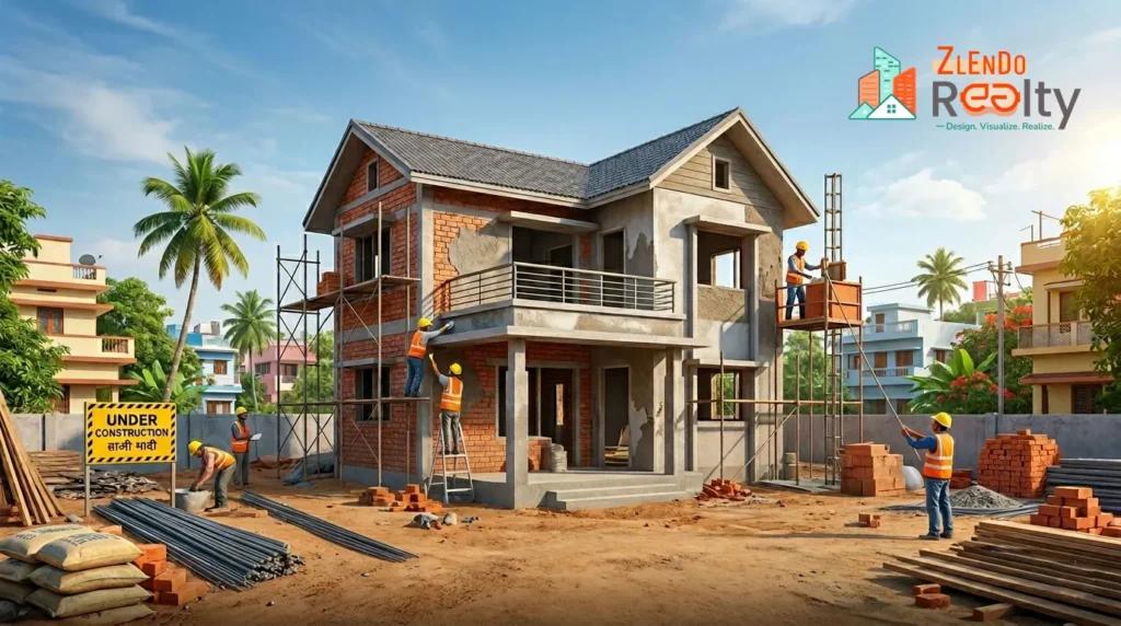 Two-storey house under construction with workers, scaffolding, bricks, and building materials on-site, showcasing residential home construction progress and cost planning.