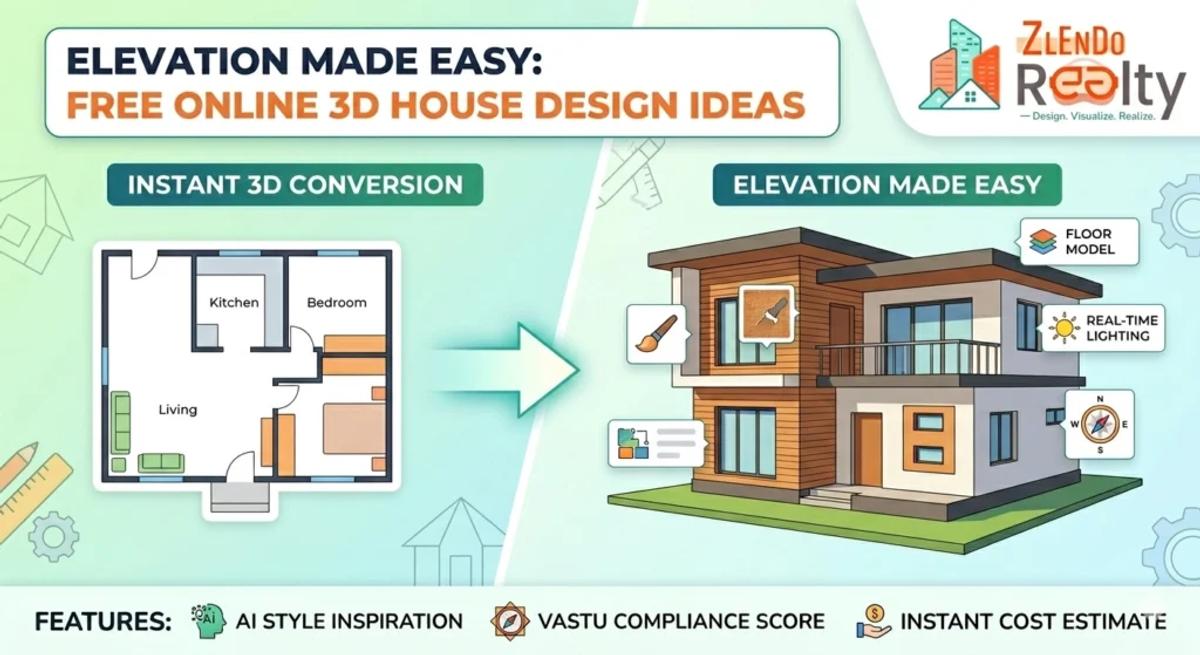 Free online 3D house elevation design tool by Zlendo Realty – instant floor plan to 3D conversion
