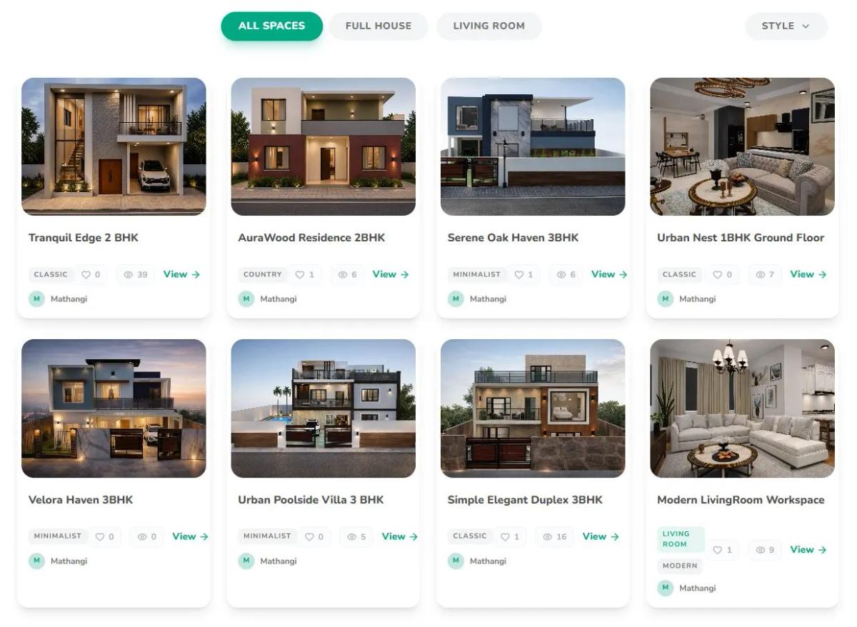 Grid of interior design template thumbnails showing furnished rooms with pricing and labels