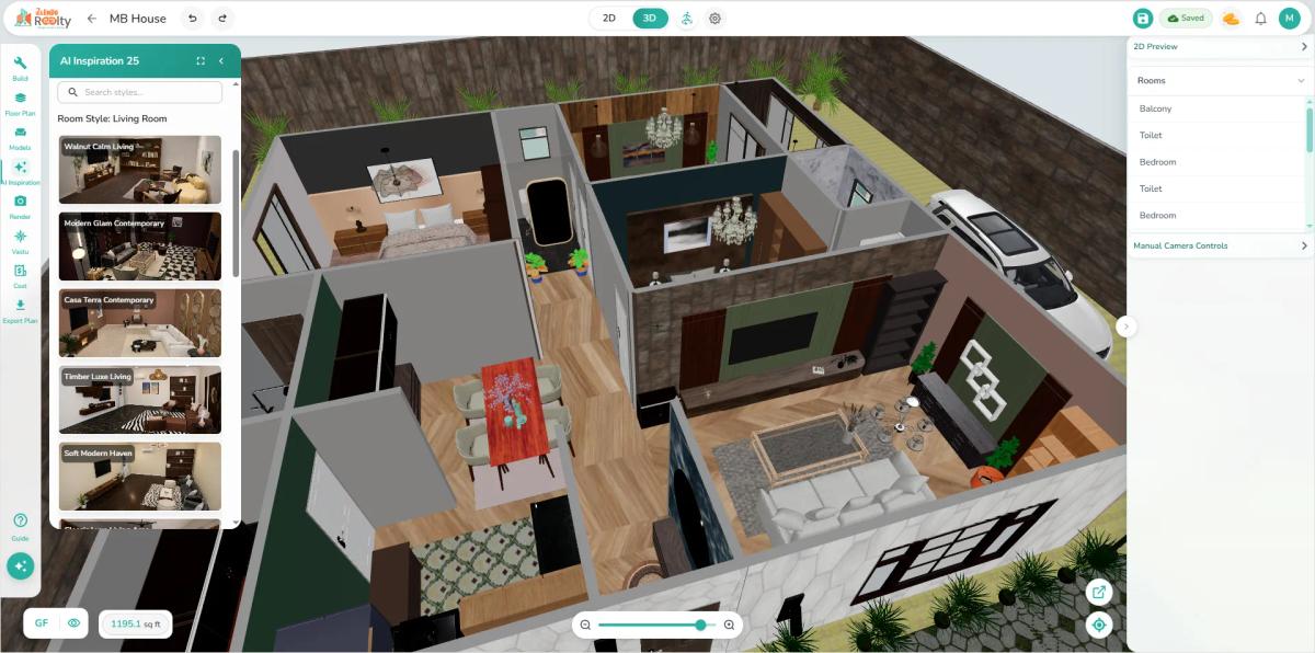 Zlendo Realty AI home design software displaying a fully furnished 3D house floor plan with AI room style suggestions, interior design inspiration, and interactive home planning tools.