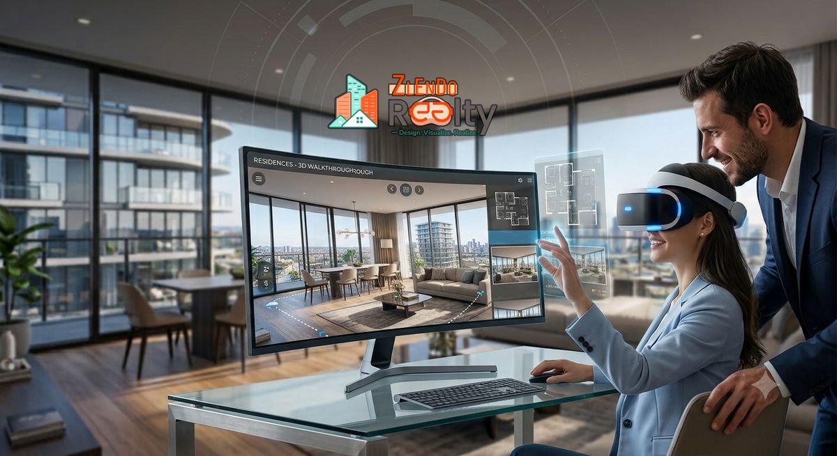 Interior view of a modern apartment living space with a couple viewing a 3D virtual walkthrough display in the foreground.