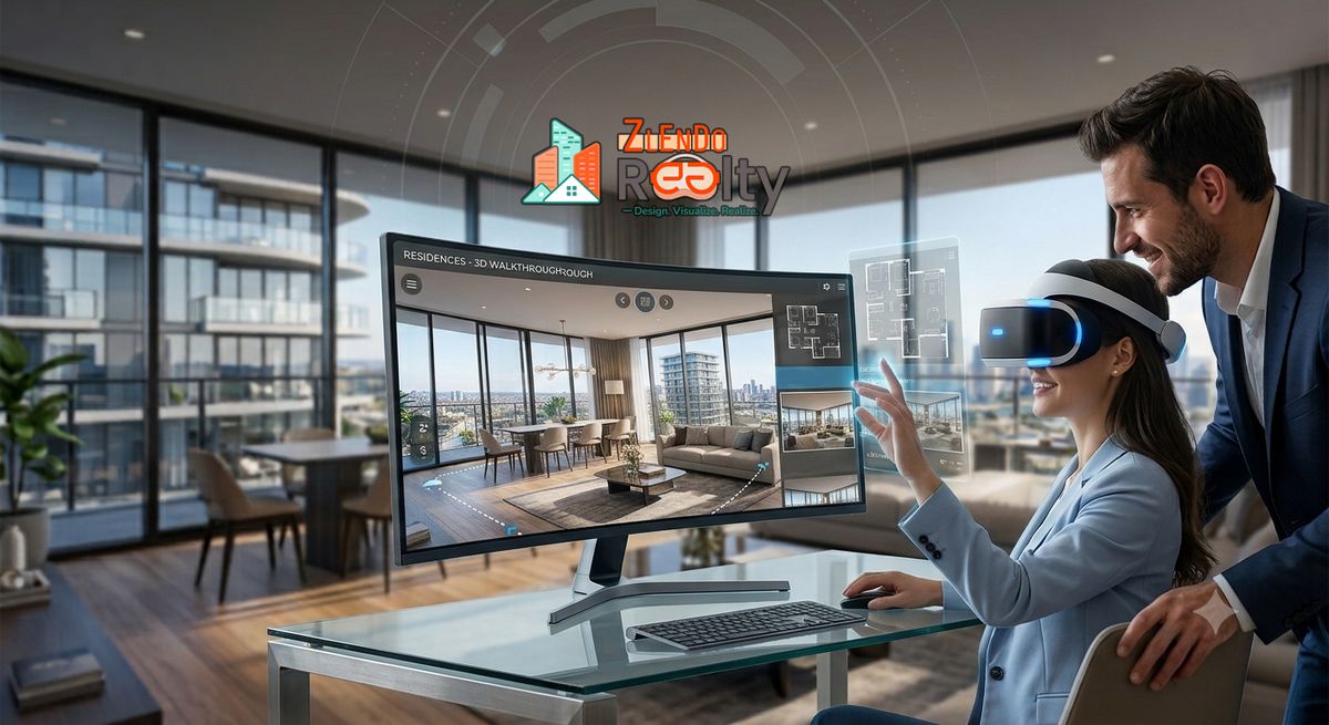 Interior view of a modern apartment living space with a couple viewing a 3D virtual walkthrough display in the foreground.