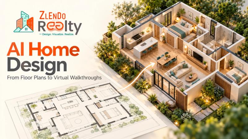 Zlendo Realty AI home design illustration showing a floor plan transforming into a furnished 3D home