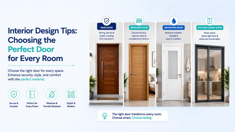 Infographic titled 'Interior Design Tips: Choosing the Perfect Door for Every Room' with icons and a row of different door types