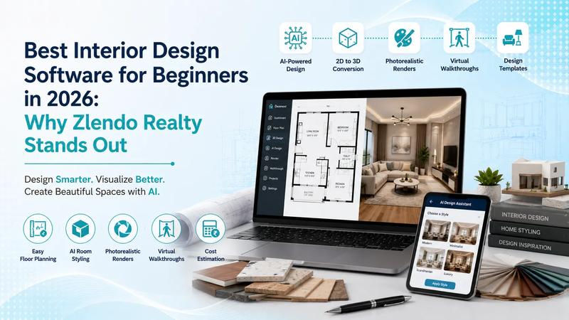 Best interior design software for beginners in 2026 featuring AI-powered room styling, 2D-to-3D conversion, photorealistic renders, virtual walkthroughs, and design templates with Zlendo Realty