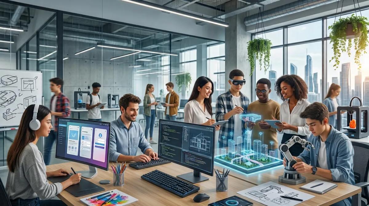 Students collaborating on AI-powered architecture, civil engineering, interior design, and 3D design projects in a modern digital design studio