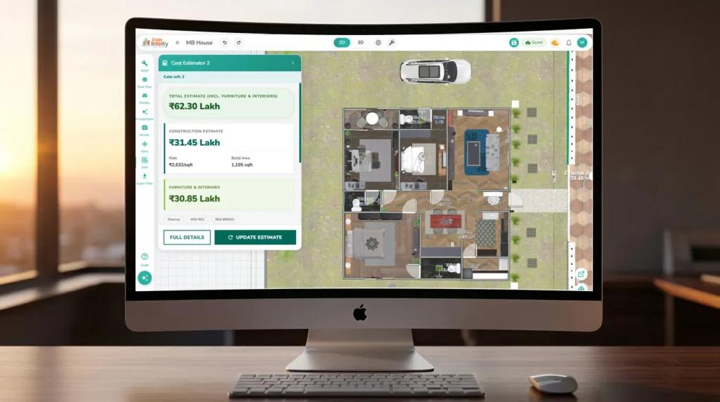 Digital floor planner and house construction cost estimator displayed on a desktop computer, showing a 2D home layout, room design, and budget calculation interface.