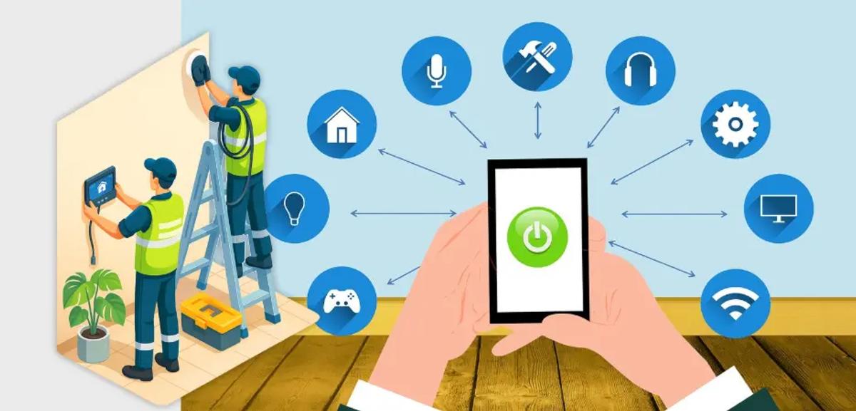 Technicians installing smart electrical solutions while a hand controls connected home devices like lights, Wi-Fi and security through a mobile app