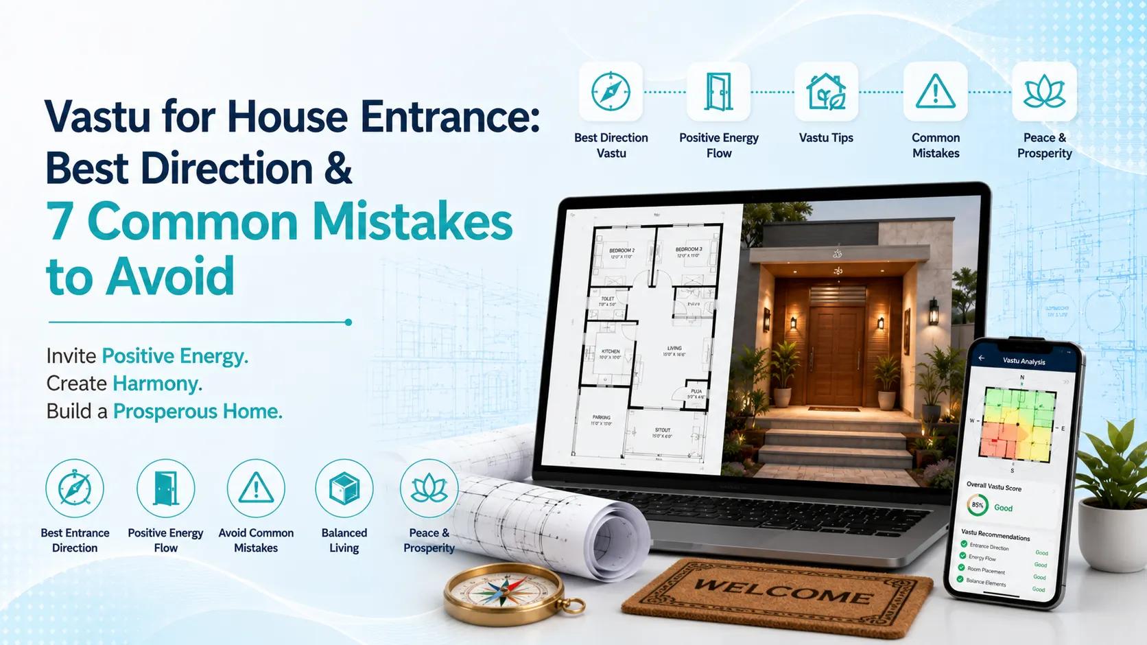 Vastu for house entrance showing best entrance direction, positive energy flow, common Vastu mistakes, and AI-powered Vastu analysis for modern homes.