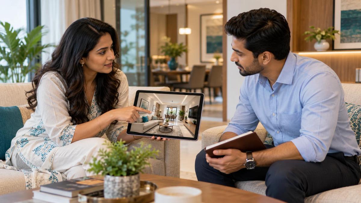 Homeowner and builder discussing a home visualization on a tablet