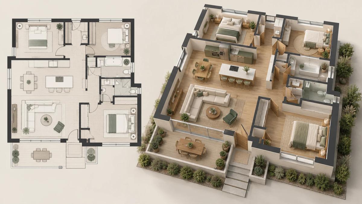 Floor-plan drawing beside a furnished 3D home concept