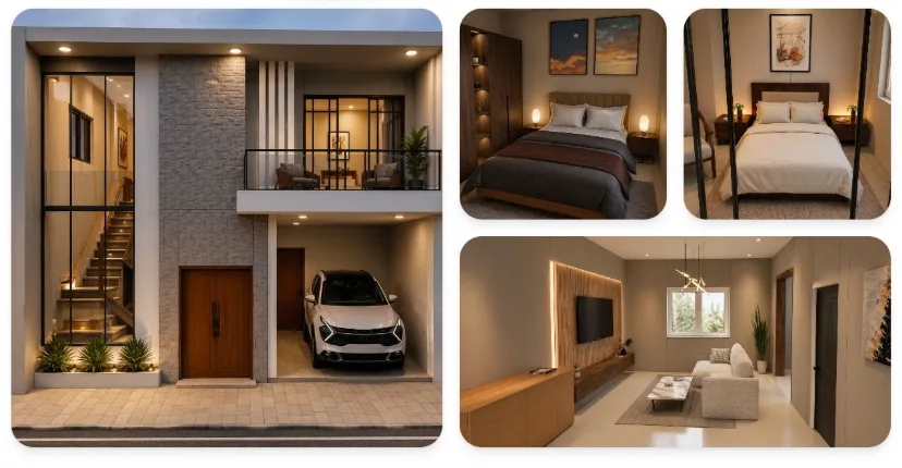 AI-powered interior design visualization showcasing modern home exterior, bedroom designs, and living room layouts created with Zlendo Realty