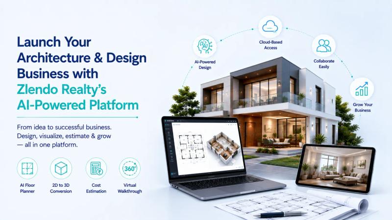 Promotional banner for Zlendo Realty's AI-powered platform showing a 3D house render on a laptop and tablet screen