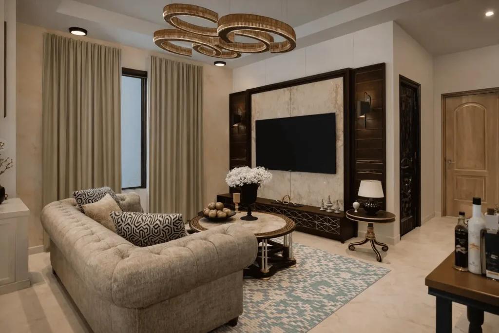 Photorealistic 3D interior render of a modern living room with warm lighting and luxury furnishings