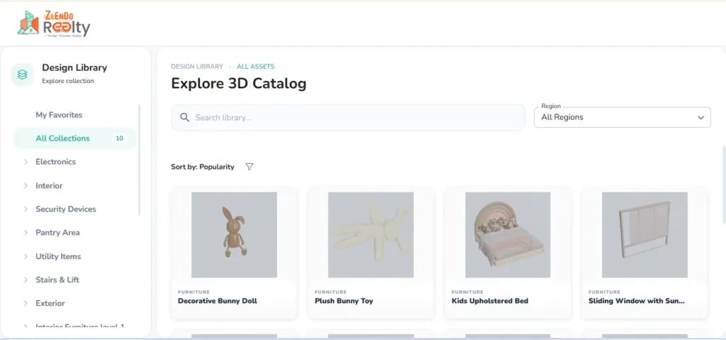 Extensive 3D design library in Zlendo Realty CAD software for house plans