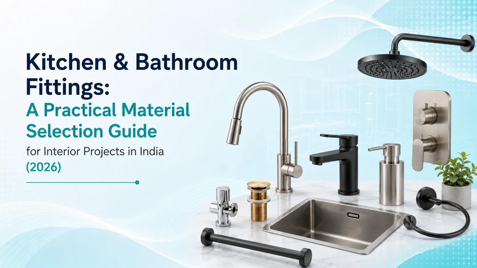 Kitchen and bathroom fittings material selection guide for interior projects in India 2026 showing brass faucets, stainless steel sink, shower fittings and matte black accessories