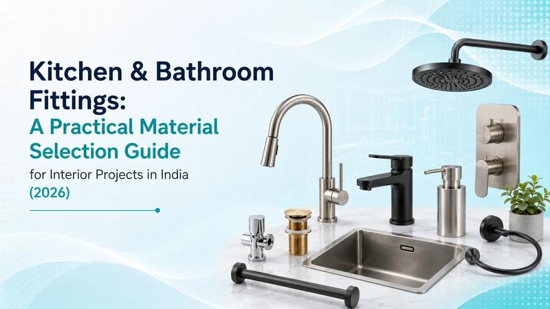 Kitchen and bathroom fittings material selection guide for interior projects in India 2026 showing brass faucets, stainless steel sink, shower fittings and matte black accessories