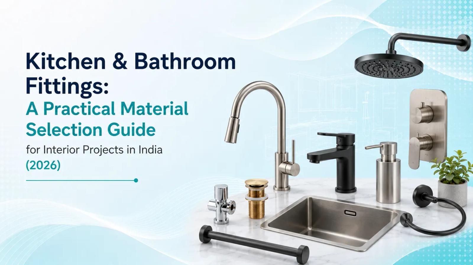 Kitchen and bathroom fittings material selection guide for interior projects in India 2026 showing brass faucets, stainless steel sink, shower fittings and matte black accessories