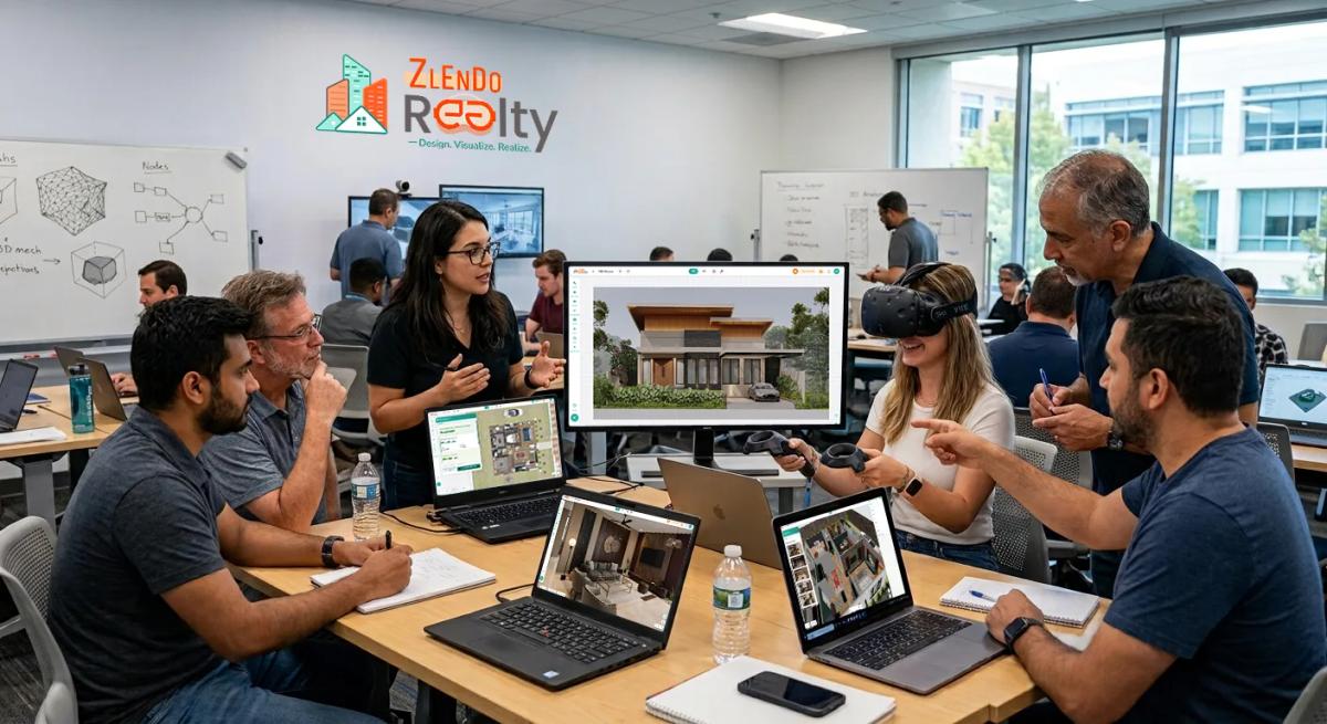 Group of participants working on laptops during a hands-on design training session, with a Zlendo Realty banner in the background.