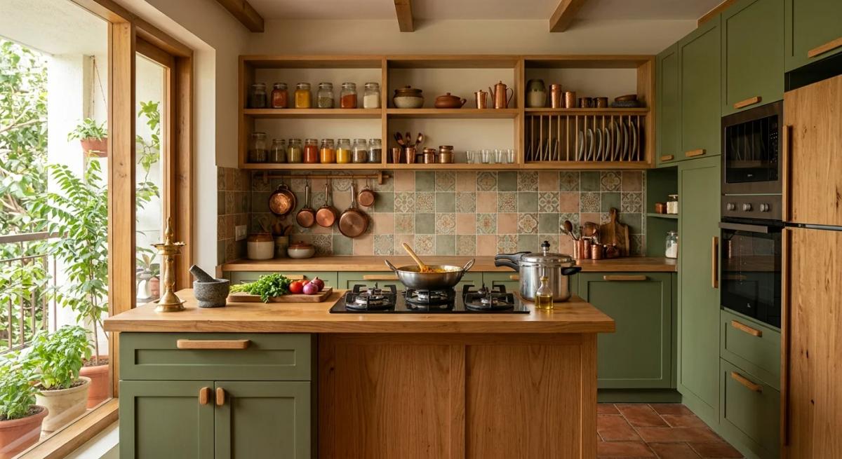 Olive green kitchen cabinets paired with natural wood countertops and open shelving