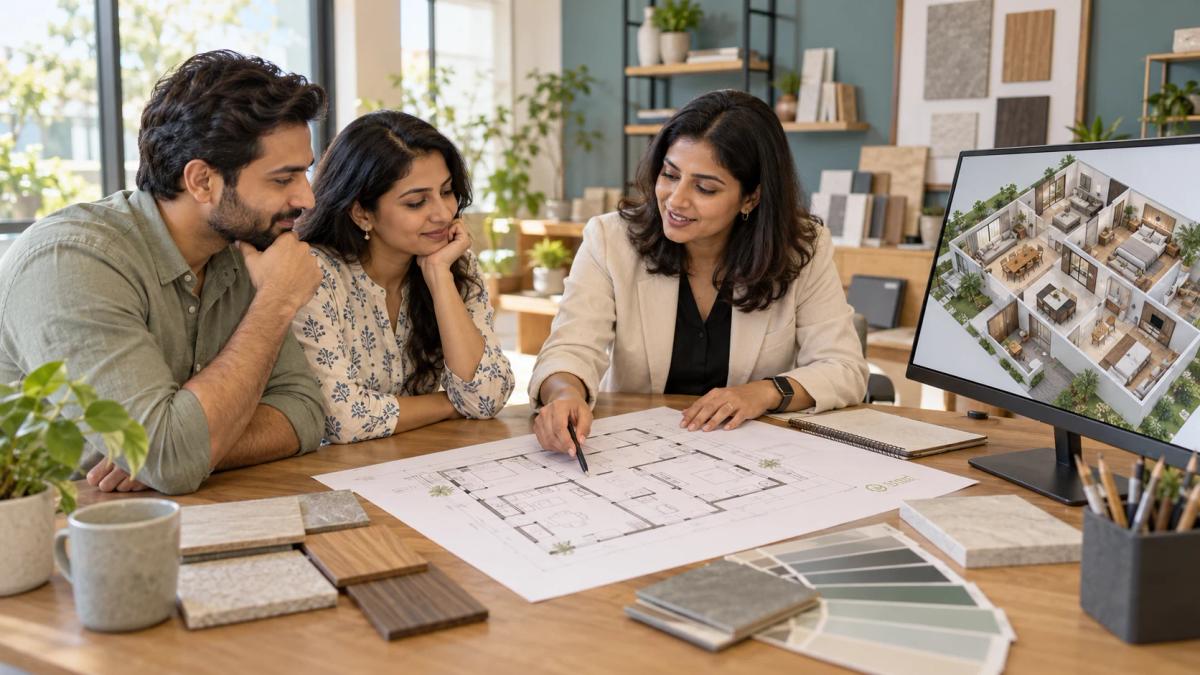 Homeowners discussing a floor plan and 3D home concept with an architect
