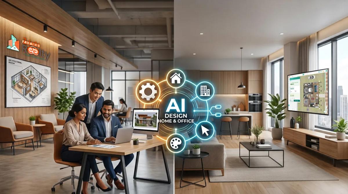 Split image of a modern living room design next to a team collaborating around a table with AI icons overlay