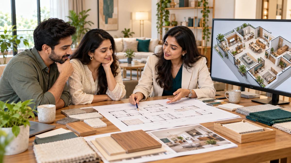 Homeowners reviewing a floor plan with a design professional
