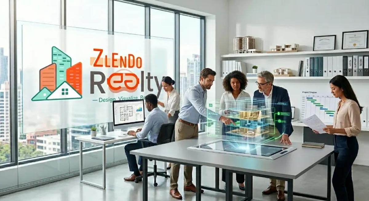 Zlendo Realty team collaborating on AI-powered architectural design, 3D visualization, and digital building planning in a modern office.