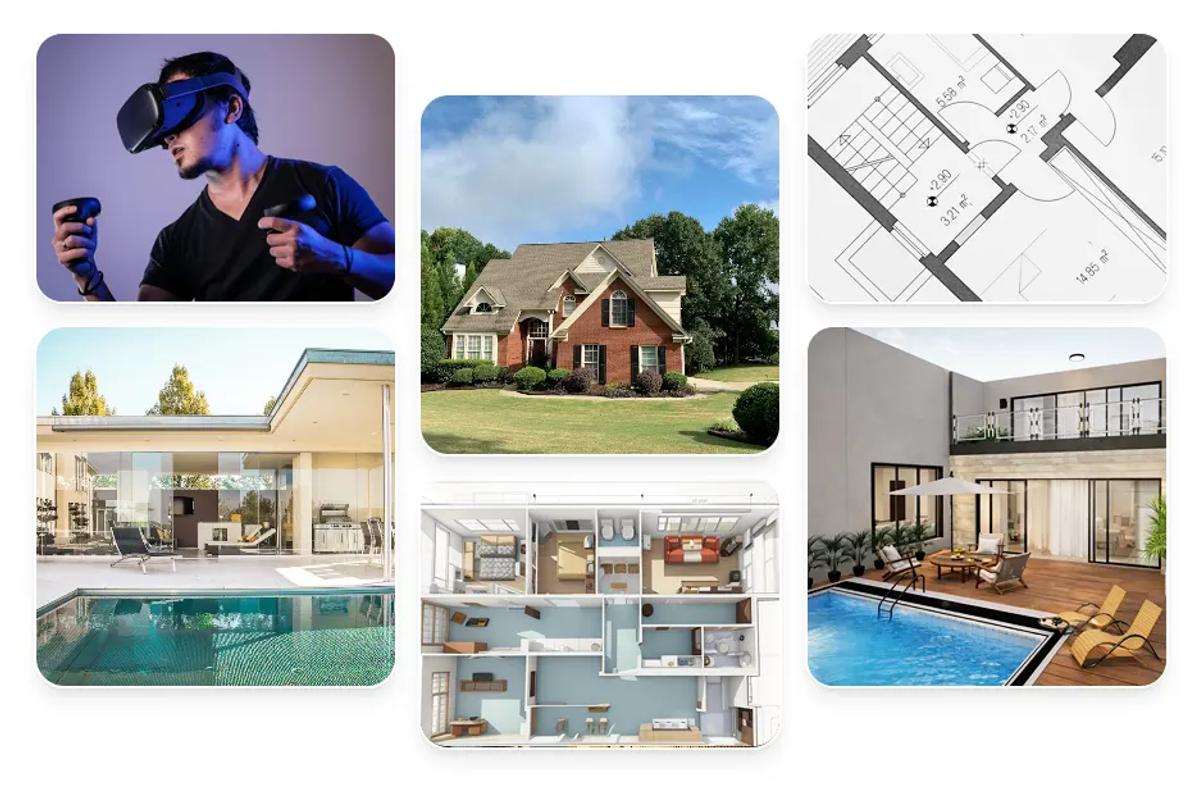 Collage of virtual reality headset use, a modern villa exterior, an interior room render, and a floor plan sketch.