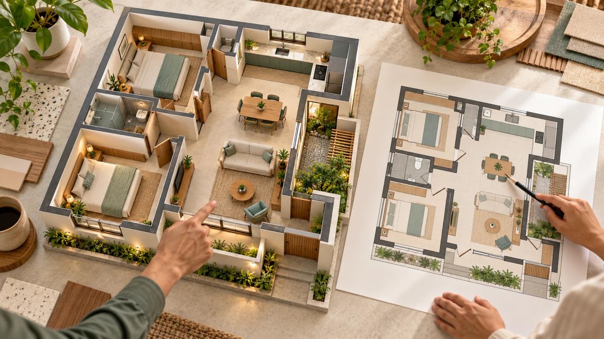 Illustrative two-bedroom floor plan beside a furnished 3D cutaway model