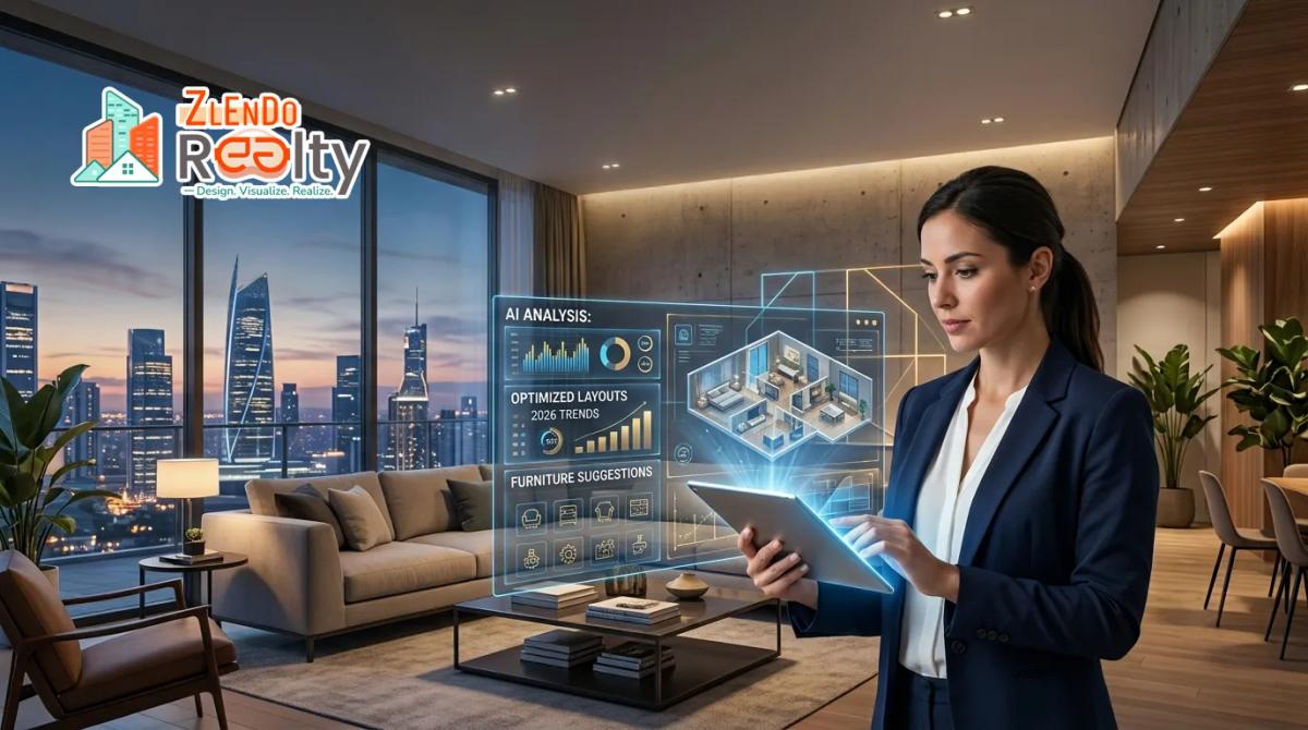 Modern architect using AI home design software to analyze floor plans, optimize layouts, and visualize interior designs in a smart living space.