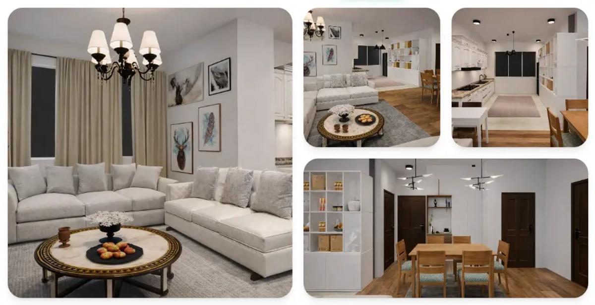Modern home interior 3D design showing living room, open kitchen and dining area for residential interior projects in India