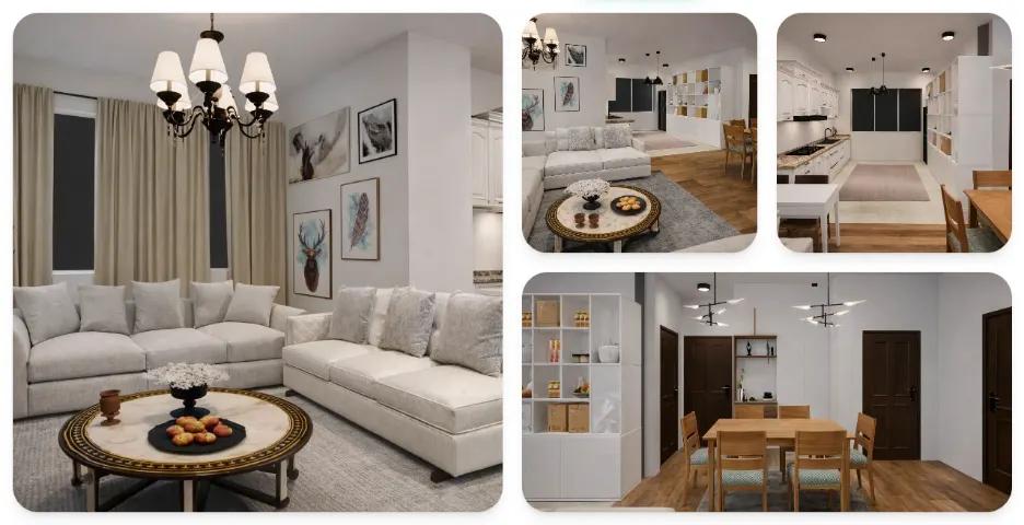 Modern home interior 3D design showing living room, open kitchen and dining area for residential interior projects in India
