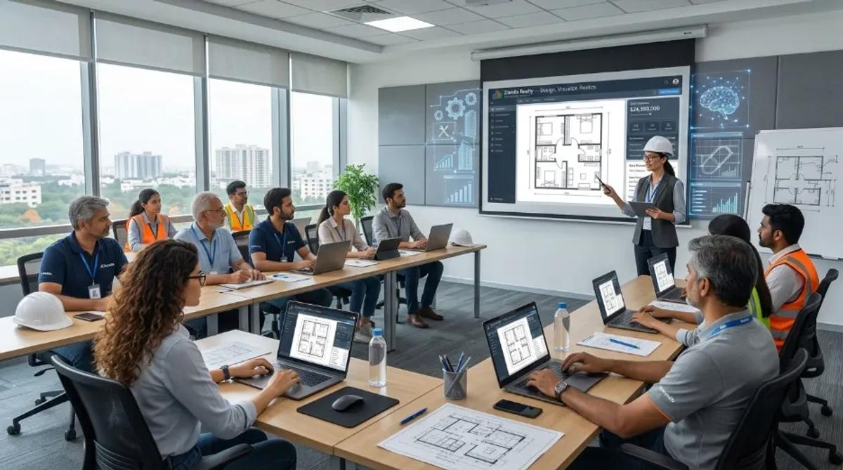 Construction and civil engineering professionals attending AI home design software certification training using Zlendo Realty platform for floor planning and 3D design.