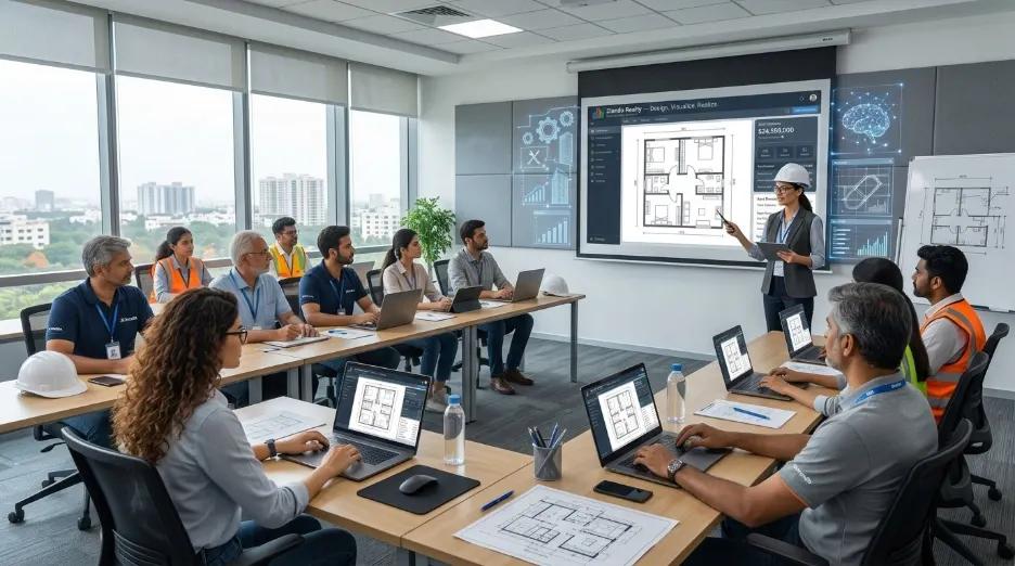 Construction and civil engineering professionals attending AI home design software certification training using Zlendo Realty platform for floor planning and 3D design.