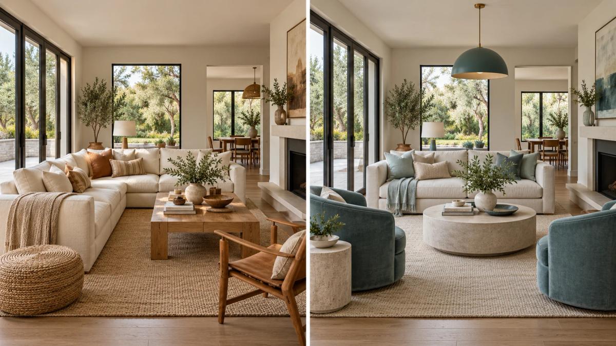 Two illustrative living-room schemes with different furniture and styling