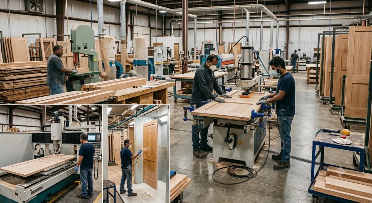 Workers in a woodworking factory crafting wooden doors on workbenches