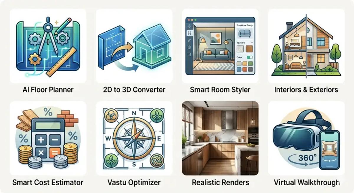 AI home design software features including AI floor planner, 2D to 3D converter, smart room styler, cost estimator, Vastu optimizer, realistic renders, and virtual walkthrough