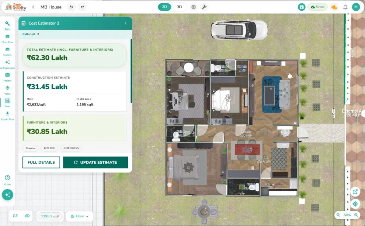 Zlendo Realty 2D and 3D floor plan design interface for home planning