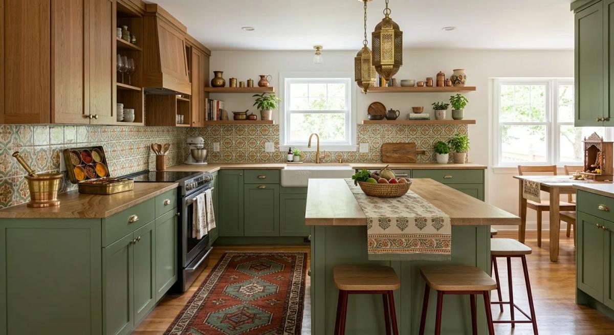 Sage green kitchen cabinets with wooden countertops and open shelving