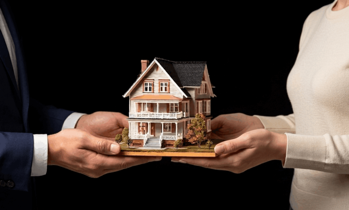 Real estate agent and buyer holding a miniature house model representing property sale and home buying