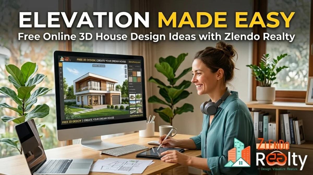 Woman using free online 3D house elevation design software by Zlendo Realty to visualize her dream home