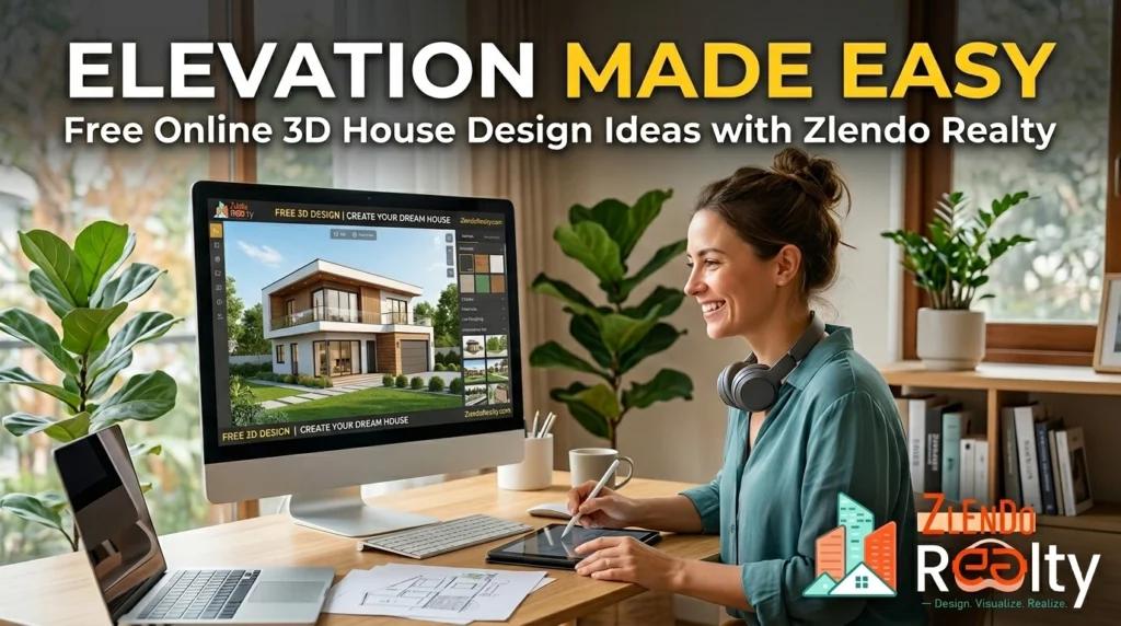 Woman using free online 3D house elevation design software by Zlendo Realty to visualize her dream home