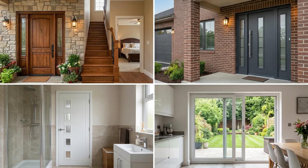 Grid of four door styles showing wood, brick-framed entry, dark glass-paneled, and glass patio doors