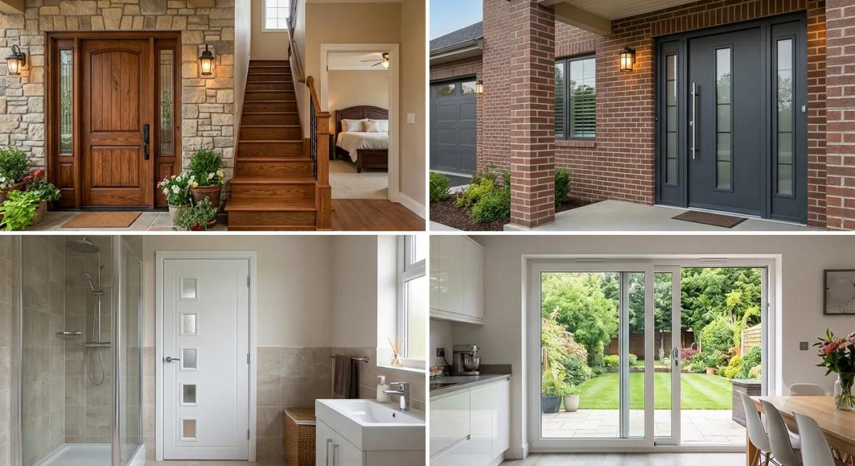 Grid of four door styles showing wood, brick-framed entry, dark glass-paneled, and glass patio doors