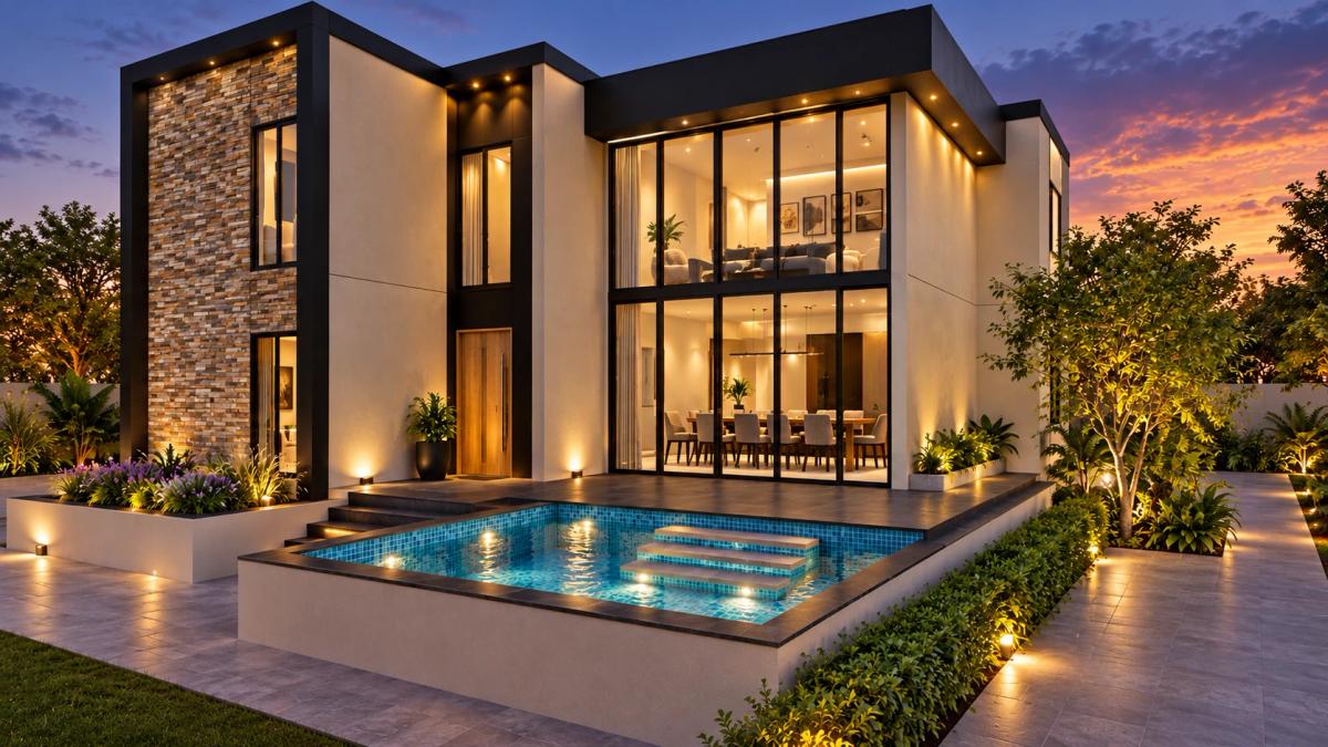 Glasshaven-inspired modern house exterior with pool and warm evening lighting