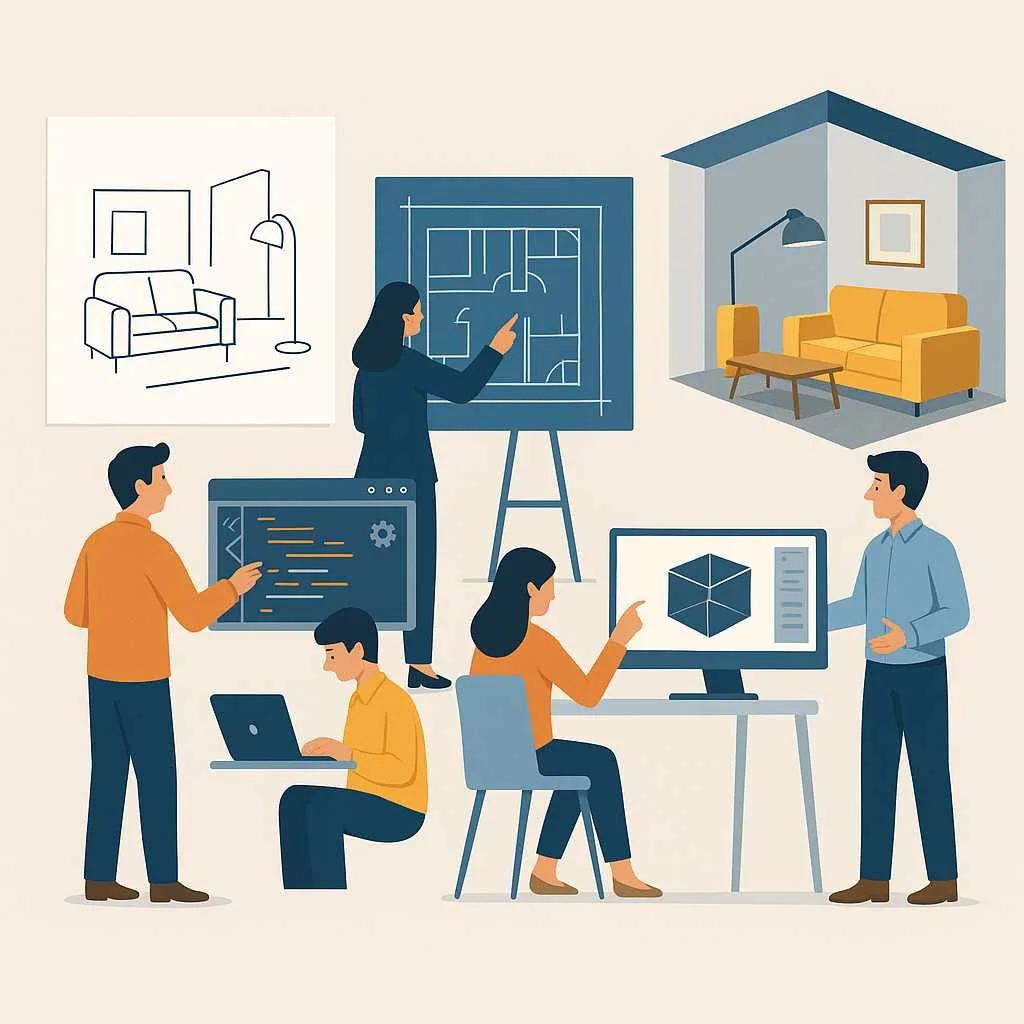 A design team collaborating on converting a 2D floor plan sketch into a 3D interior room visualization, using laptops, coding tools, and architectural blueprints